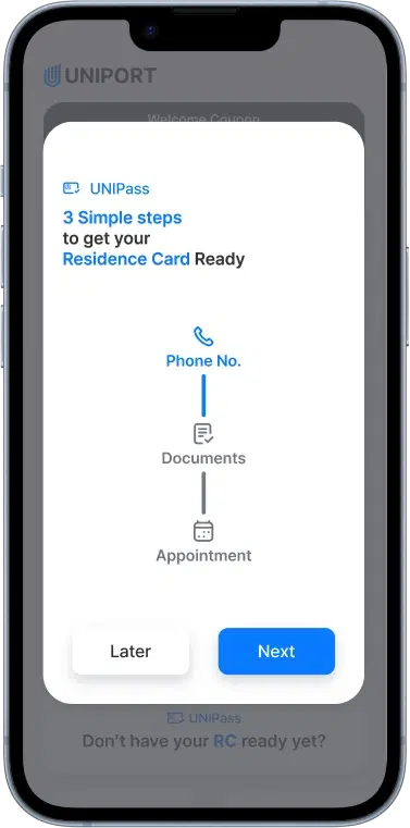 UNIPORT app screen showing settlement services for visas, mobile phones, housing, and community.